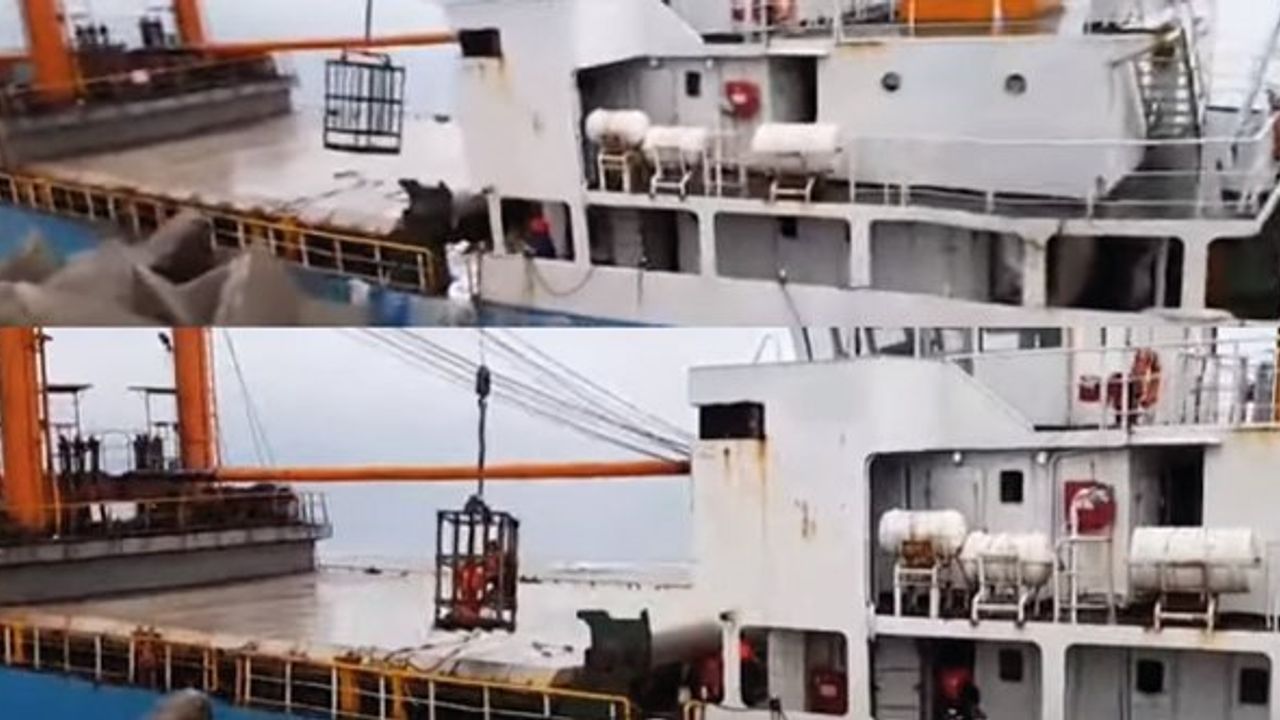 Sürüklenerek batan gemiden sepetli vinçle tahliye operasyonu! (Video)