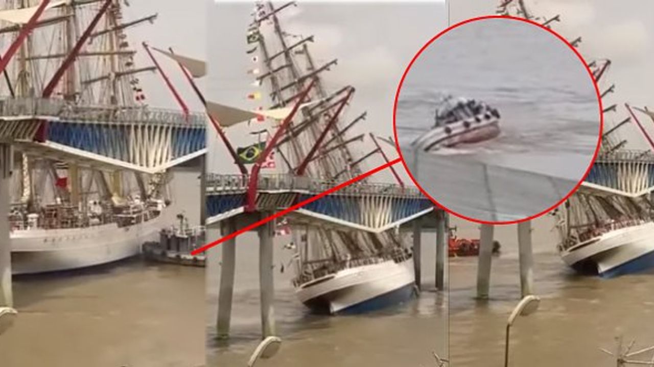 Askeri yelkenli gemi köprüyle çarpıştı, römorkörü alabora oldu! (Video)