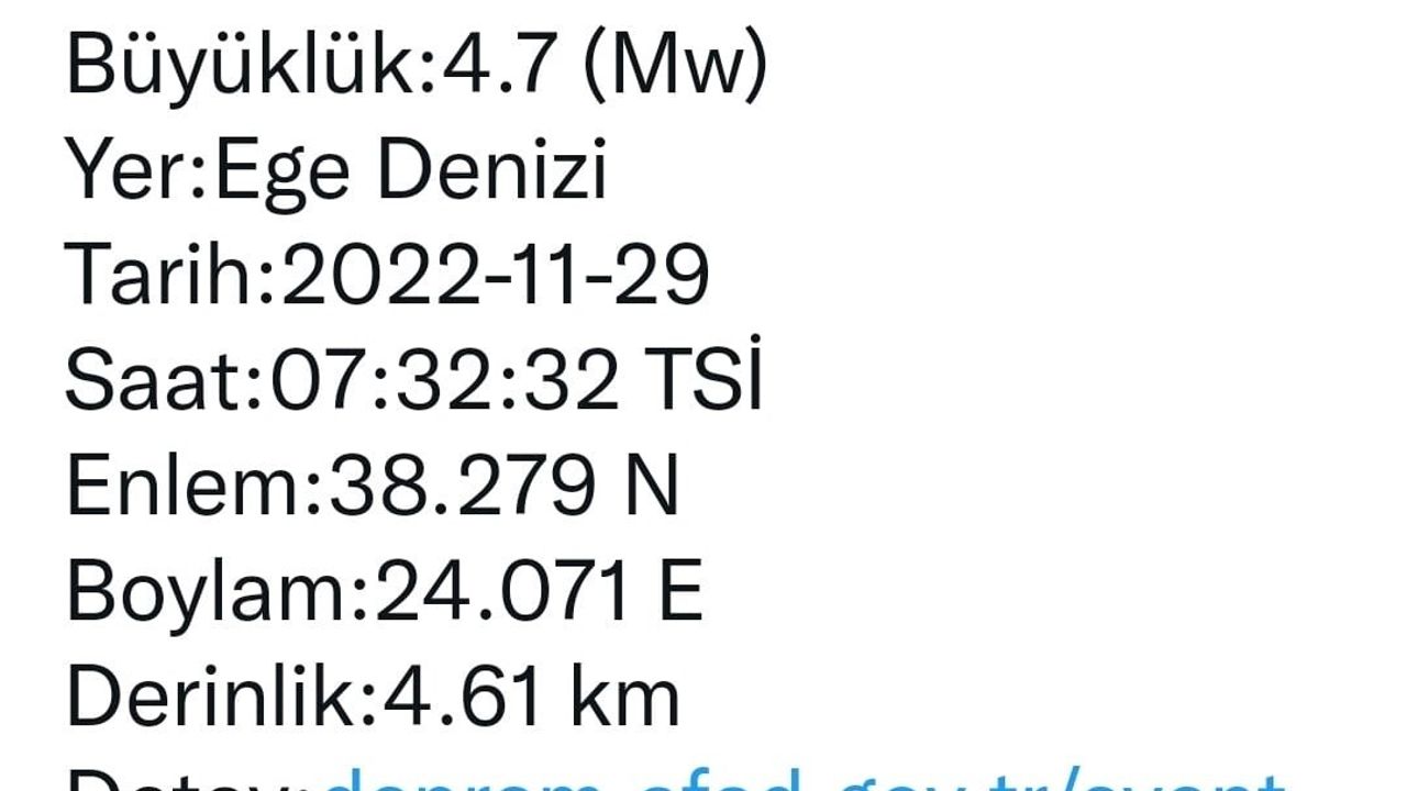 Ege Denizi açıklarında 4.7 büyüklüğünde deprem