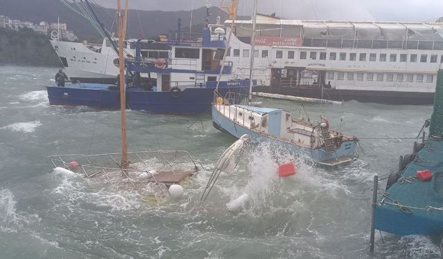 Amasra Limanı’nda bir tekne battı, restoran geminin halatları koptu